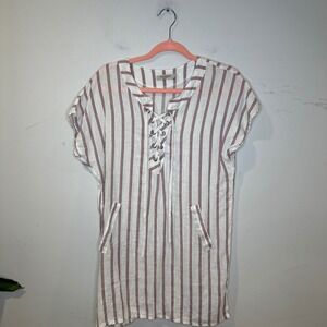 Minimalist Italy 100% Linen Striped Lace Up Tunic Coverup Resort‎ Dress SMALL